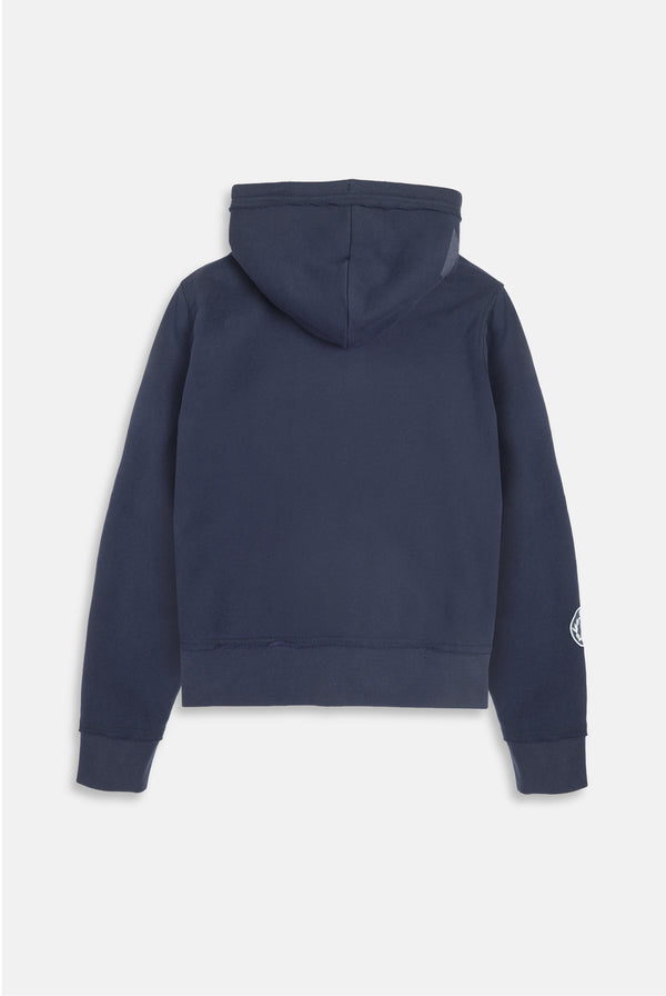Displays the Mood indigo 'juicy' branded longline fleece zip through hoodie 