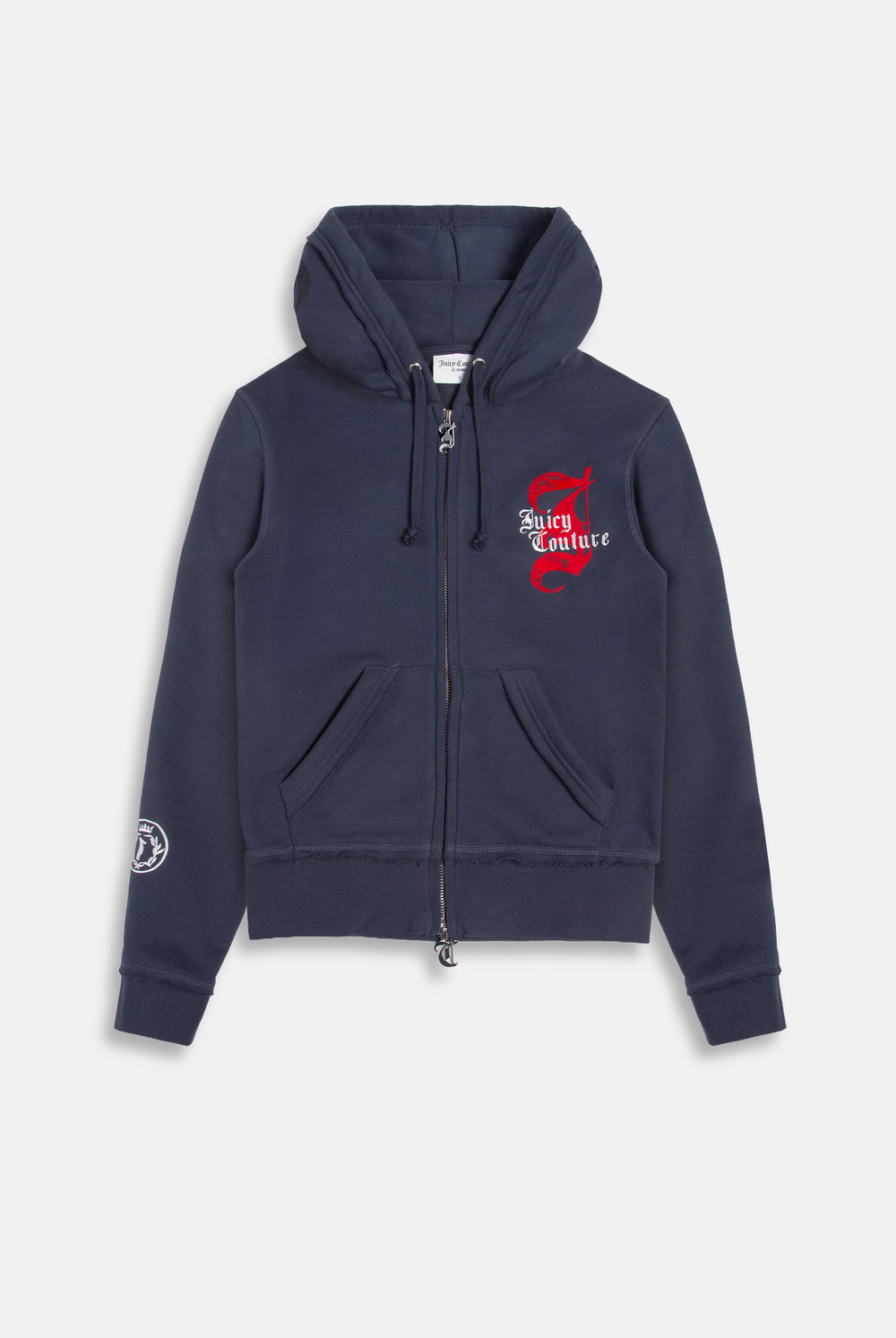 Displays the Mood indigo 'juicy' branded longline fleece zip through hoodie 