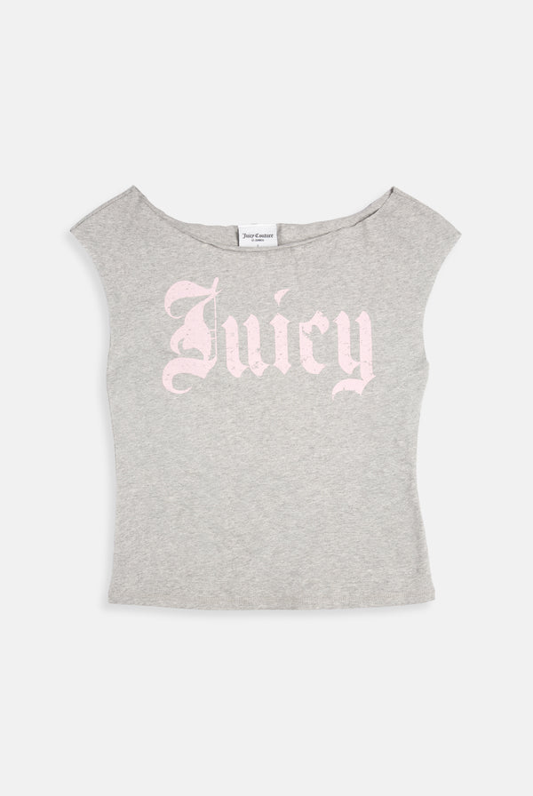 Displays the Silver Marl 'Juicy' branded off the shoulder T-Shirt 