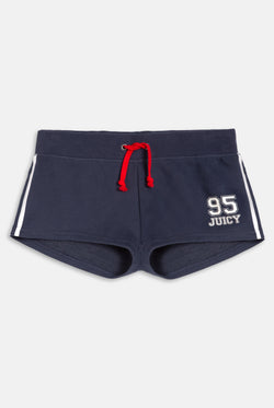 Displays the Mood Indigo 'Juicy' branded fleece booty shorts featuring 95 Juicy branding