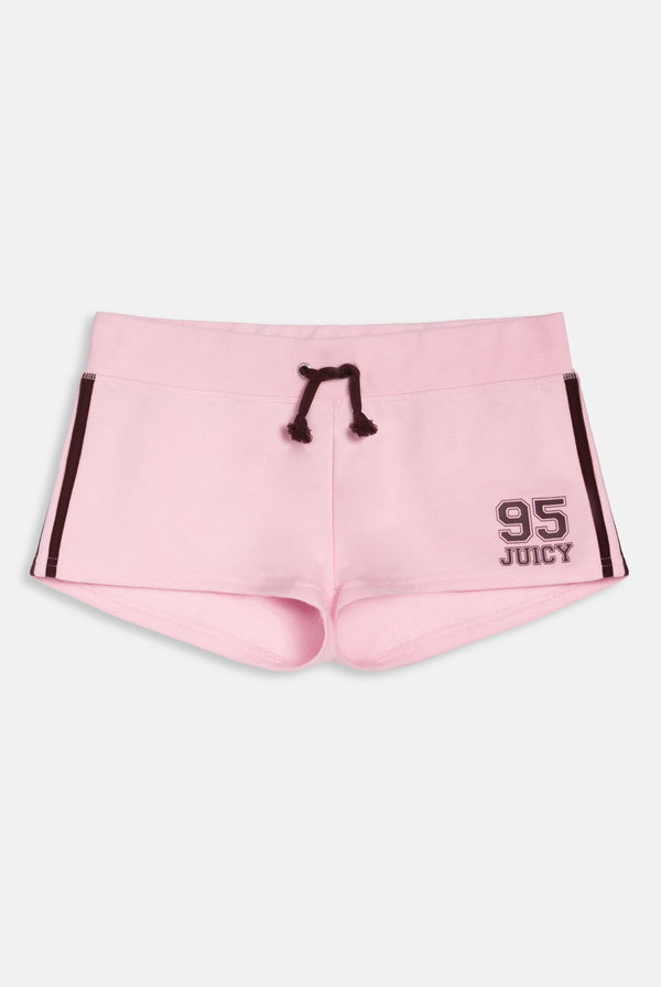 Displays the Cherry Blossom 'Juicy' branded fleece booty shorts 