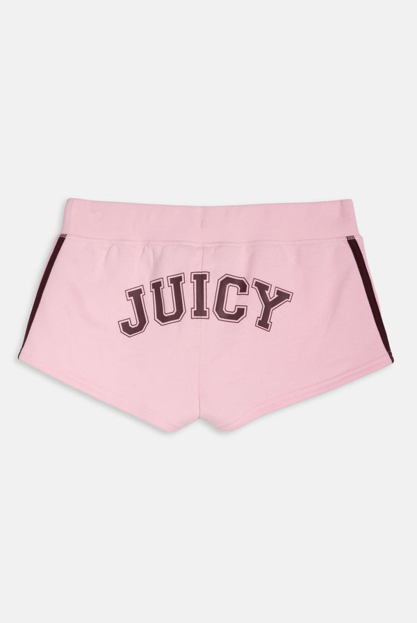 Displays the Cherry Blossom 'Juicy' branded fleece booty shorts 
