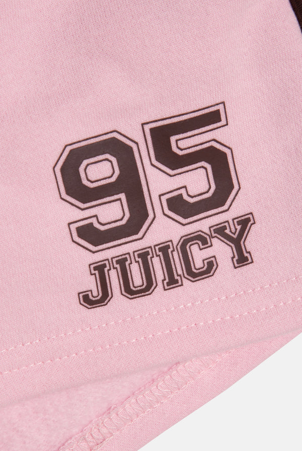 Displays the Cherry Blossom 'Juicy' branded fleece booty shorts featuring the 95 juicy logo
