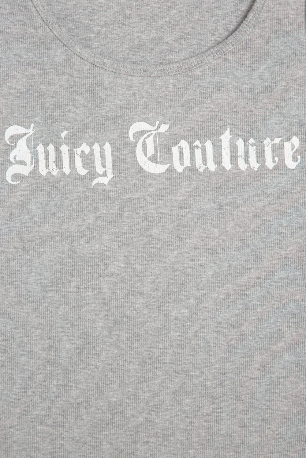 Displays the Silver Marl 'Juicy' branded longline ribbed vest featuring the juicy couture branding 