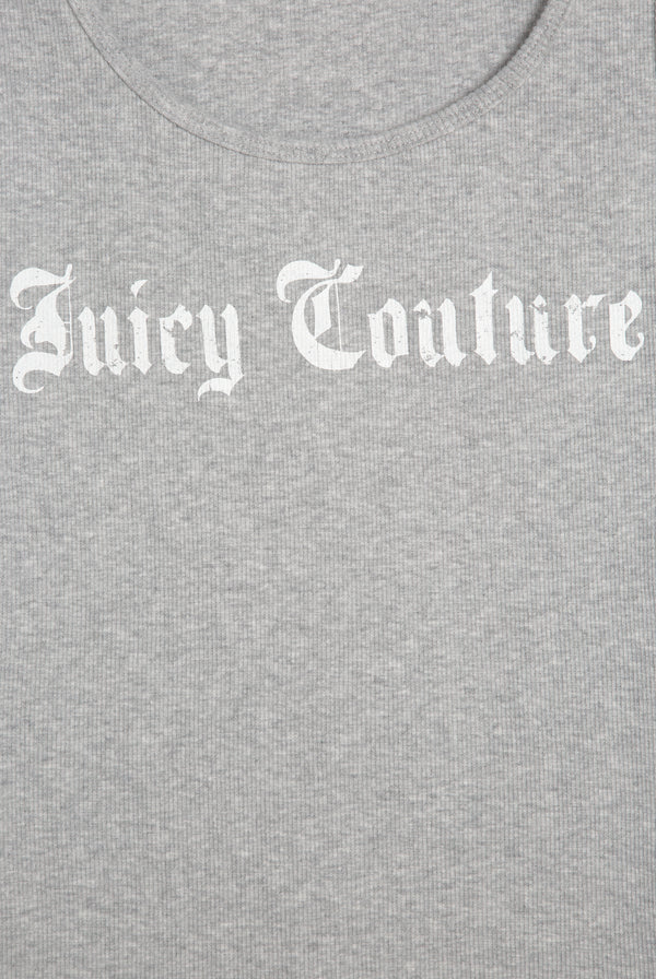 Displays the Silver Marl 'Juicy' branded longline ribbed vest featuring the juicy couture branding 