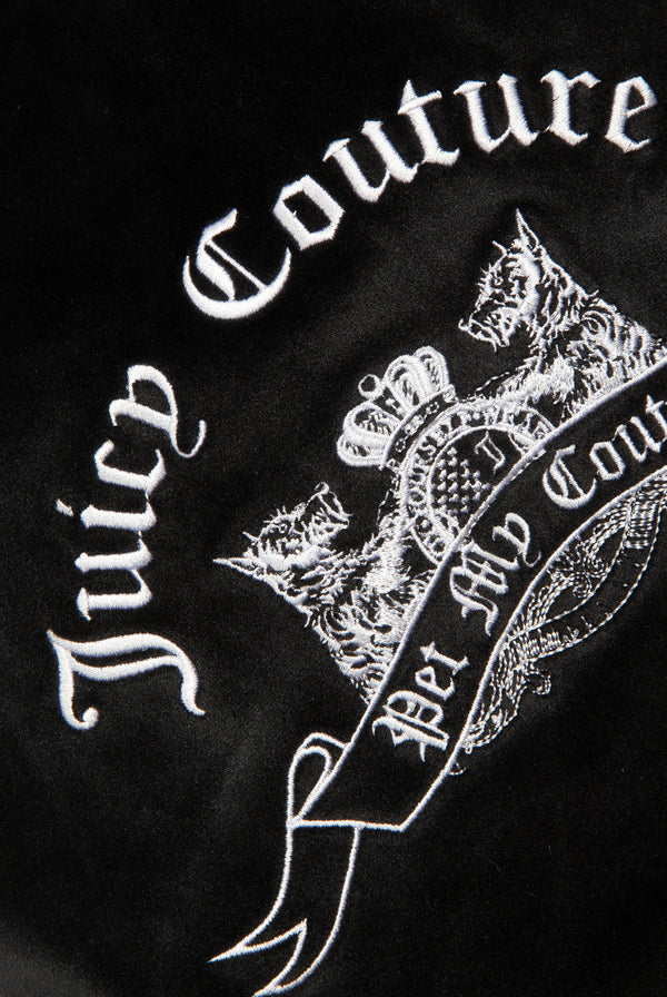 Displays the Black 'Juicy' branded crest embroidered dog sweater featuring the juicy couture logo