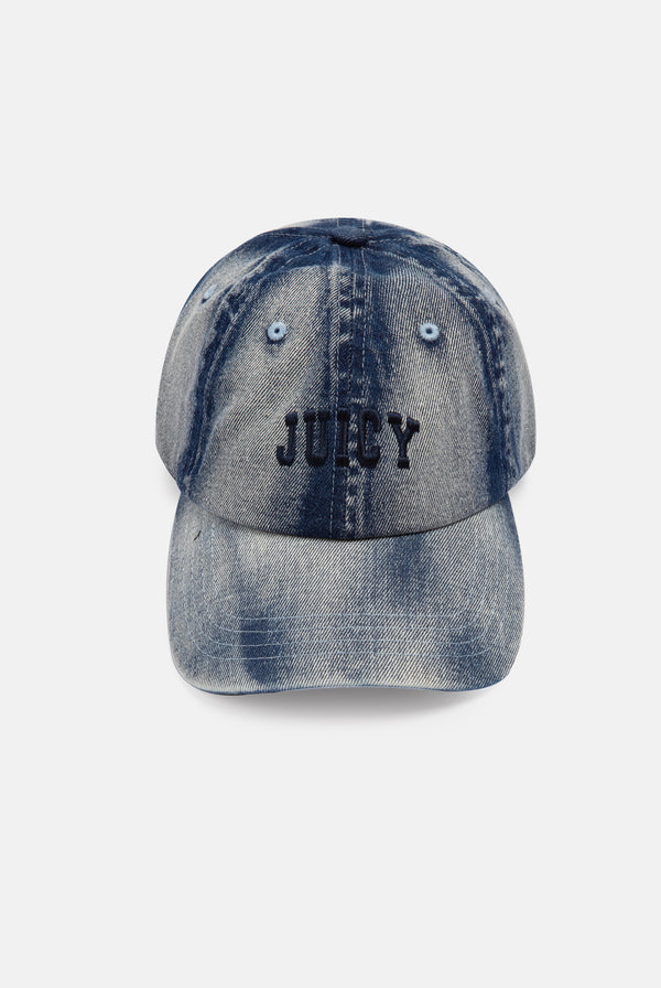 Displays the 'Juicy' branded Bleach wash denim cap 
