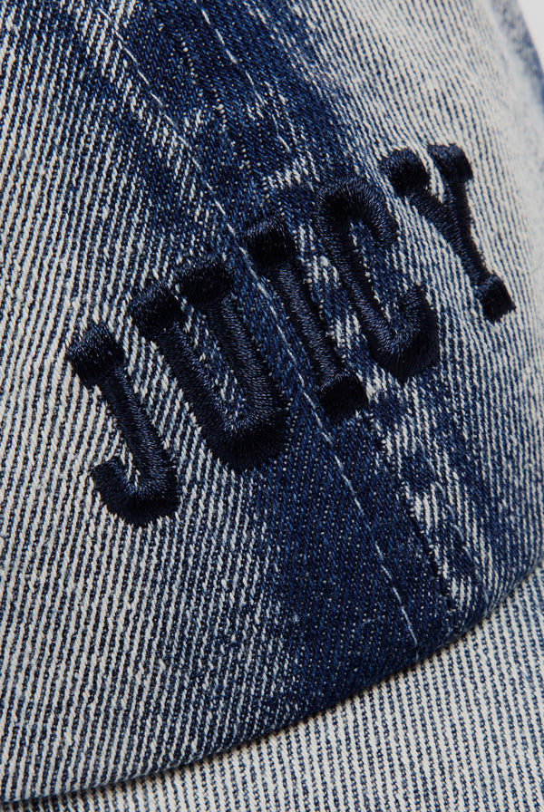 Displays the 'Juicy' branded Bleach wash denim cap featuring the juicy branding 