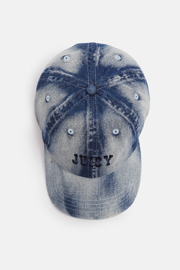 Displays the 'Juicy' branded Bleach wash denim cap 