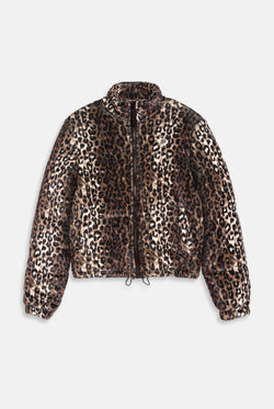 Displays the leopard print velour 'Juicy' branded puffa jacket 