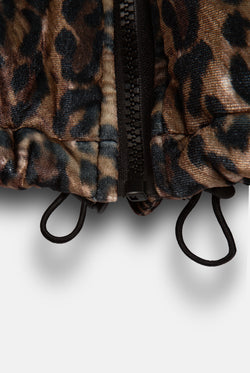 Displays the leopard print velour 'Juicy' branded puffa jacket