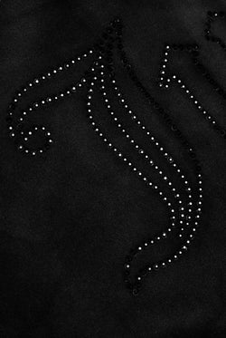 Displays the Black outline 'Juicy' branded diamanté oversized cropped hoodie featuring the juicy branding