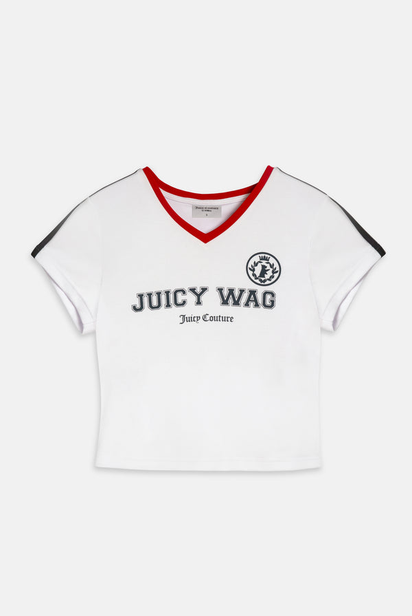 Displays the White 'Juicy' branded Juicy Wag V Neck T-Shirt featuring juicy wag 