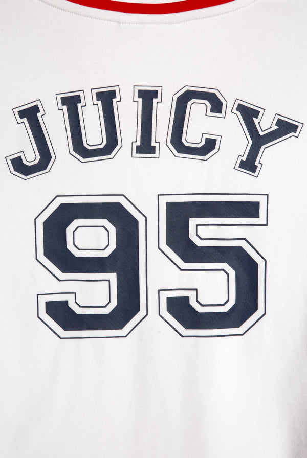 Displays the White 'Juicy' branded Juicy Wag V Neck T-Shirt featuring the juicy 95 branding 