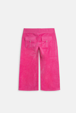 Displays the Nostalgia Pink 'juicy' branded OG straight pocketed capri pants 