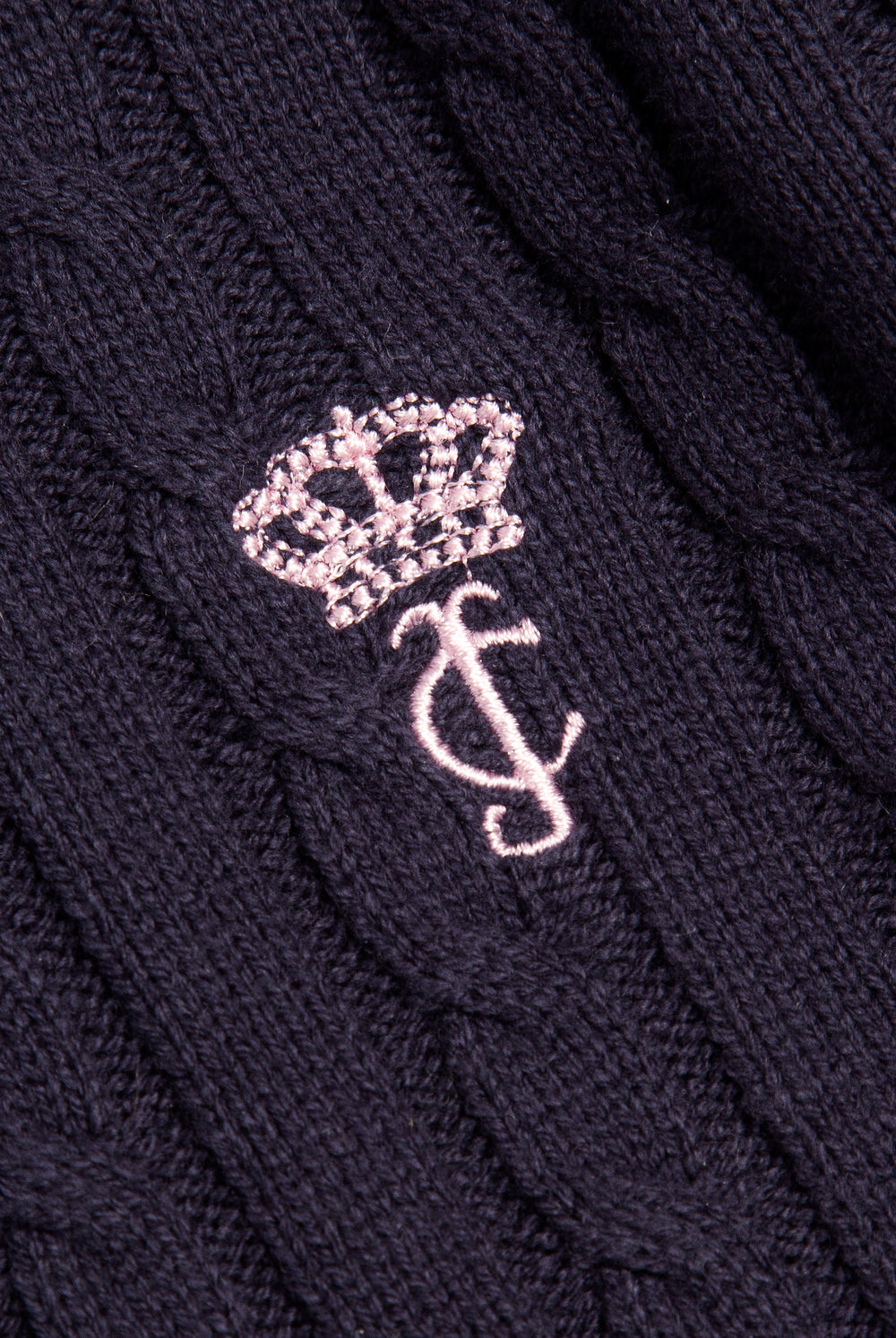 Displays the Night Sky 'Juicy' branded Cable Knit Zip Up Hoodie featuring the juicy branding 