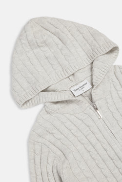 Displays the Silver Marl 'Juicy' branded Cable Knit Zip Up Hoodie