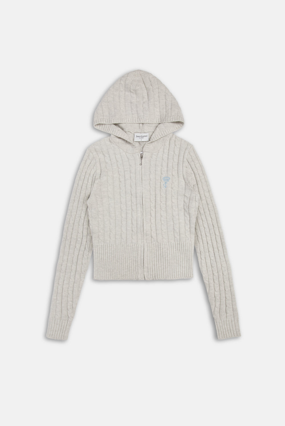 Displays the Silver Marl 'Juicy' branded Cable Knit Zip Up Hoodie