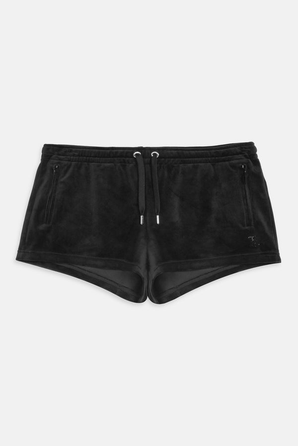 Displays the Black 'Juicy' branded velour outline diamanté track shorts 