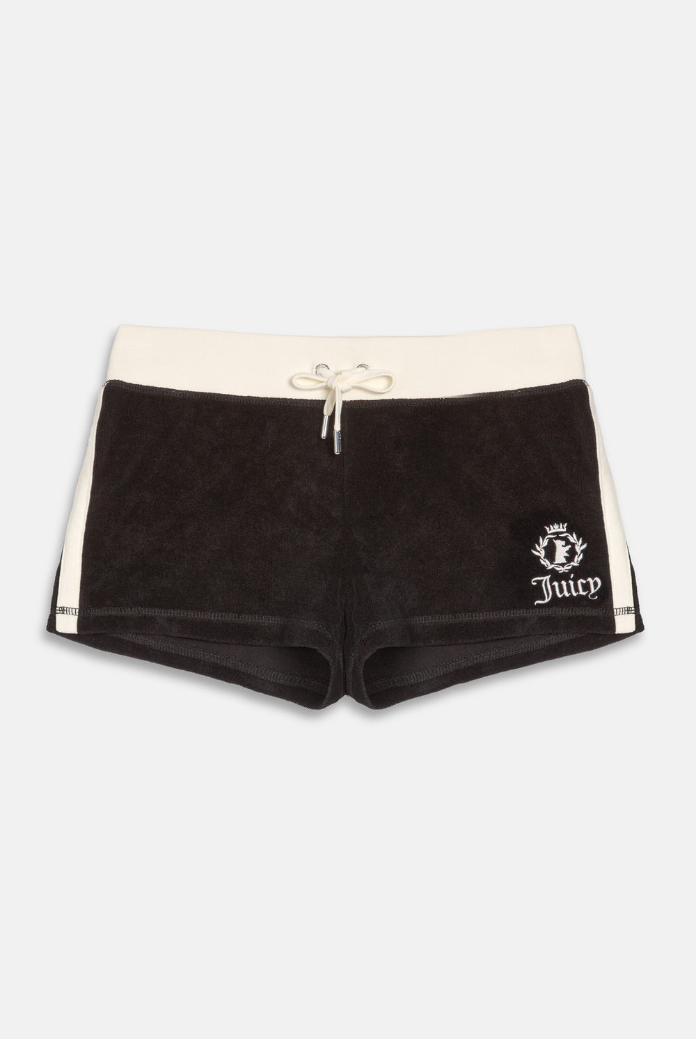 Displays the Black Appliqué 'Juicy' branded  Terry booty shorts 