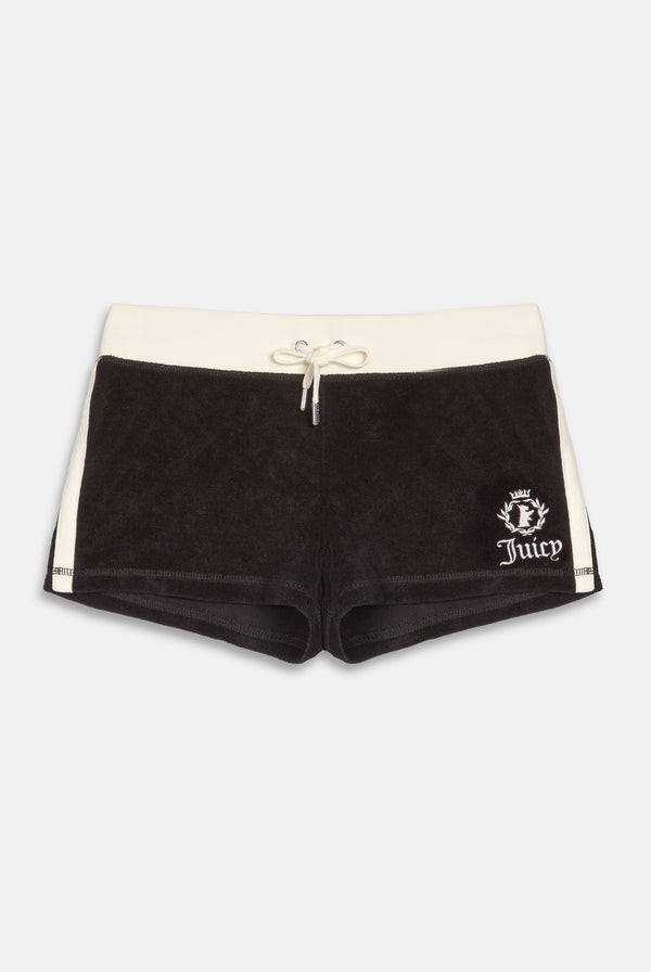Displays the Black Appliqué 'Juicy' branded  Terry booty shorts 