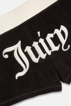 Displays the Black Appliqué 'Juicy' branded  Terry booty shorts featuring juicy branding 