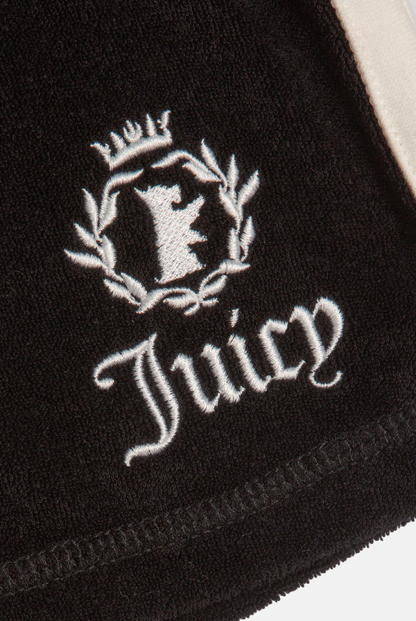 Displays the Black Appliqué 'Juicy' branded  Terry booty shorts featuring the juicy branding 