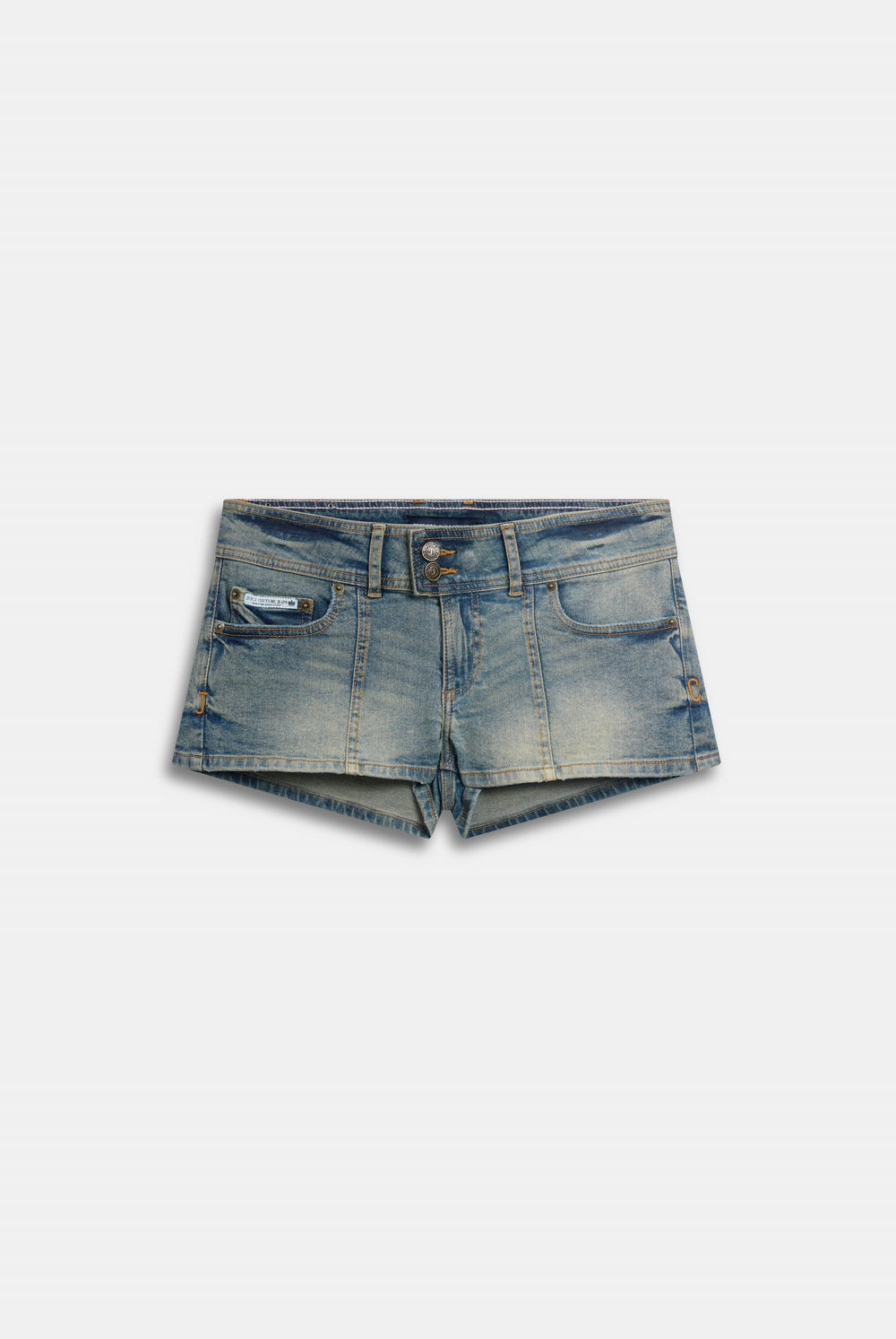Displays the Vintage Wash 'juicy' branded JC Crest booty denim shorts 