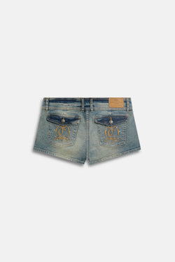 Displays the Vintage Wash 'juicy' branded JC Crest booty denim shorts 