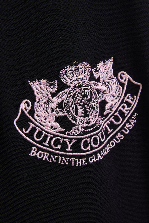 Displays the Black 'Juicy' branded Juicy Dog crest pyjama set featuring the juicy Couture logo 