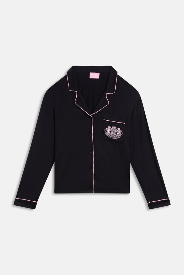 Displays the Black 'Juicy' branded Juicy Dog crest top included in the pyjama set 