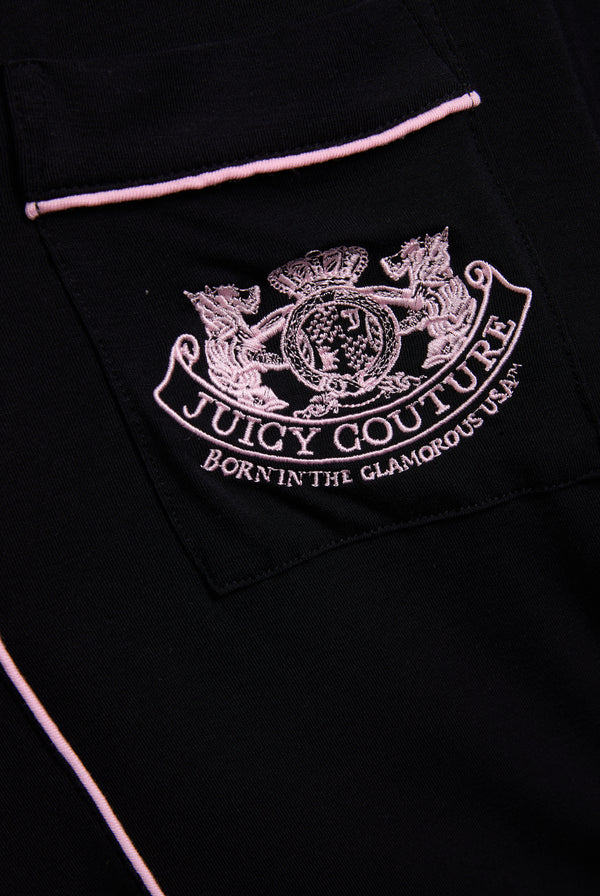 Displays the Black 'Juicy' branded Juicy Dog crest pyjama set featuring the juicy Couture logo