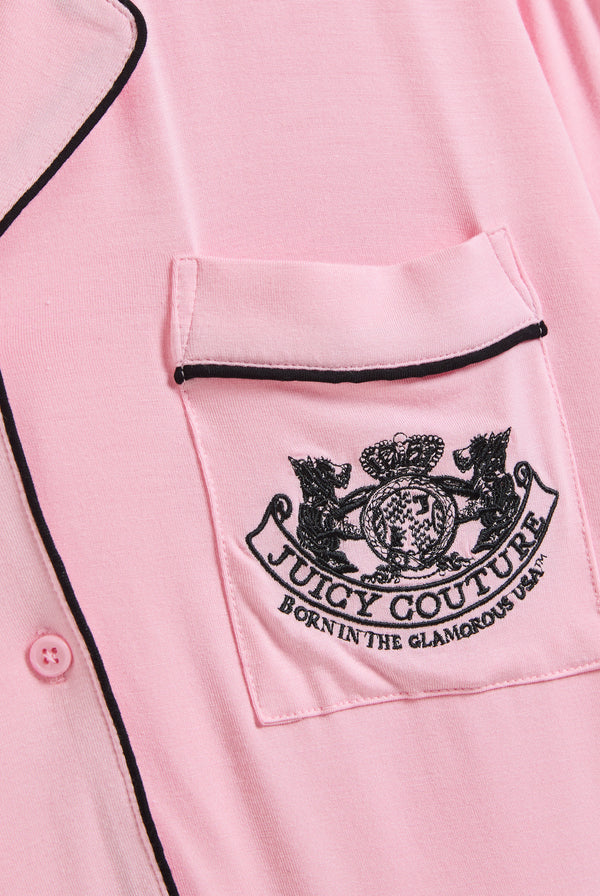 Displays the Juicy Pink 'juicy' branded dog crest pyjama set featuring the juicy Couture logo