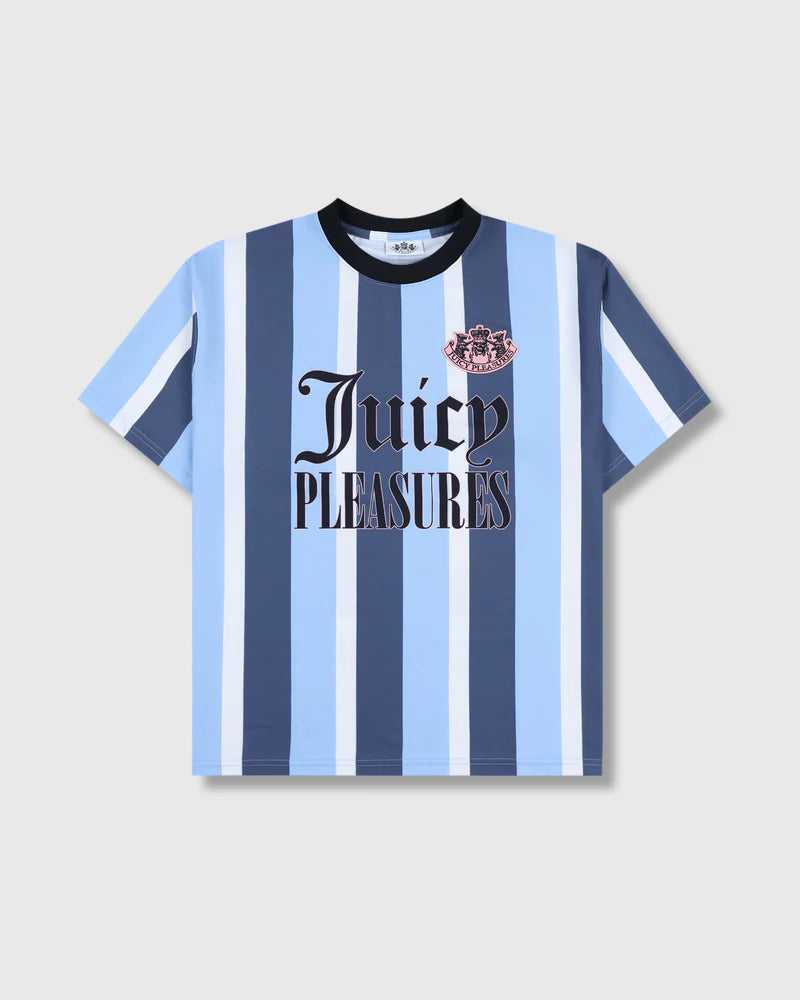 Displays the Blue Striped 'Juicy' branded 'Pleasure' sport t-shirt 