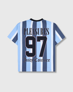 Displays the Blue Striped 'Juicy' branded 'Pleasure' sport t-shirt 