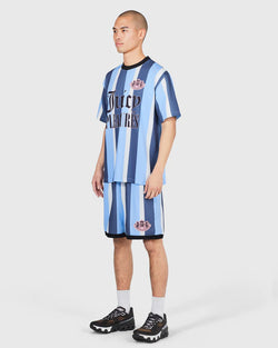 Displays a model wearing the Blue Striped 'Juicy' branded 'Pleasure' sport t-shirt 