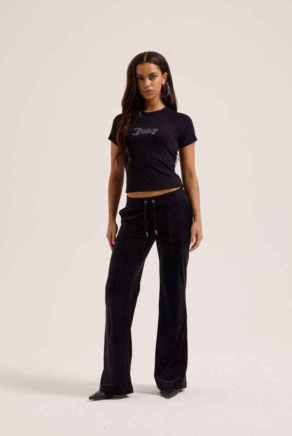 Displays a model wearing the Black 'Juicy' branded raglan diamanté baby tee 