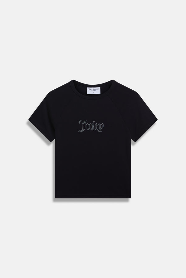 Displays the Black 'Juicy' branded raglan diamanté baby tee 