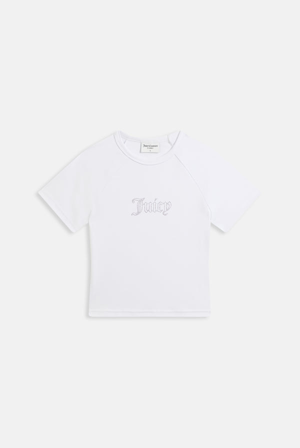 Displays the White raglan 'Juicy' branded diamanté baby tee featuring the juicy branding 
