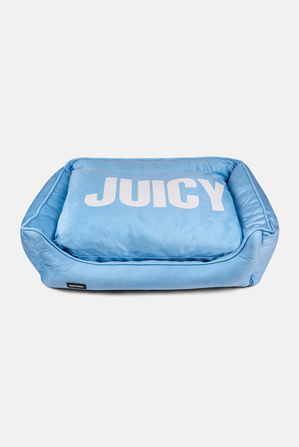 Displays the Powder Blue 'Juicy' branded Pet Bed