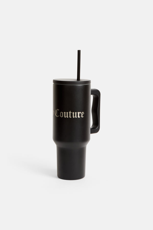 Displays the Black 'juicy' branded steel tumbler with straw 