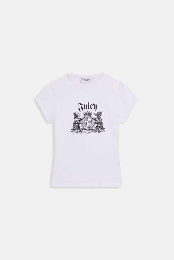 Displays the White 'Juicy' branded Dog Crest graphic tee 