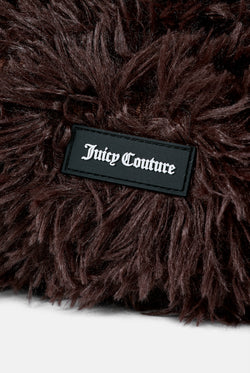 Displays the Java 'juicy' branded Fluffy Heart Pet Bed featuring the details on the juicy Couture branding 
