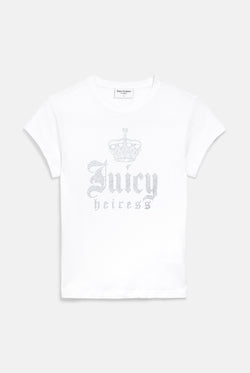 Displays the White 'Juicy' branded Heiress Diamante Tee