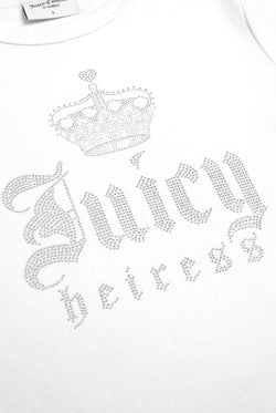 Displays the White 'Juicy' branded Heiress Diamante Tee featuring the details on the juicy branding 