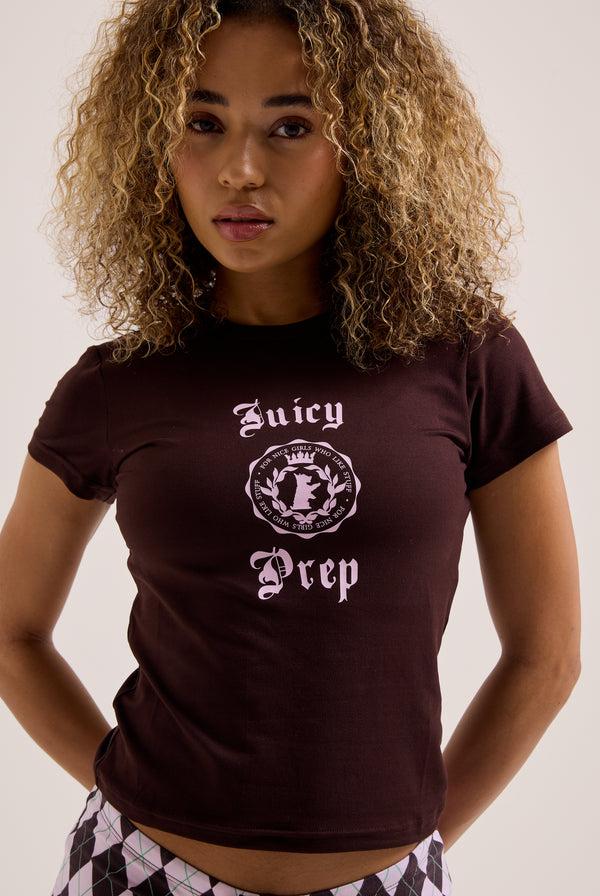 Displays a model wearing the Java 'Juicy' branded tee and shorts pyjama set 