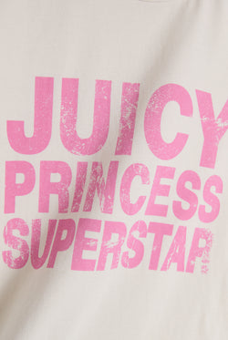 Displays the White 'Juicy' branded Princess Superstar Washed T-Shirt featuring the slogan on the branding 