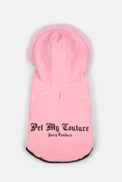 Displays the Juicy Pink 'Juicy' branded Pet Puffer Jacket