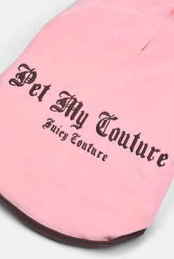 Displays the Juicy Pink 'Juicy' branded Pet Puffer Jacket featuring the details on the juicy branding 