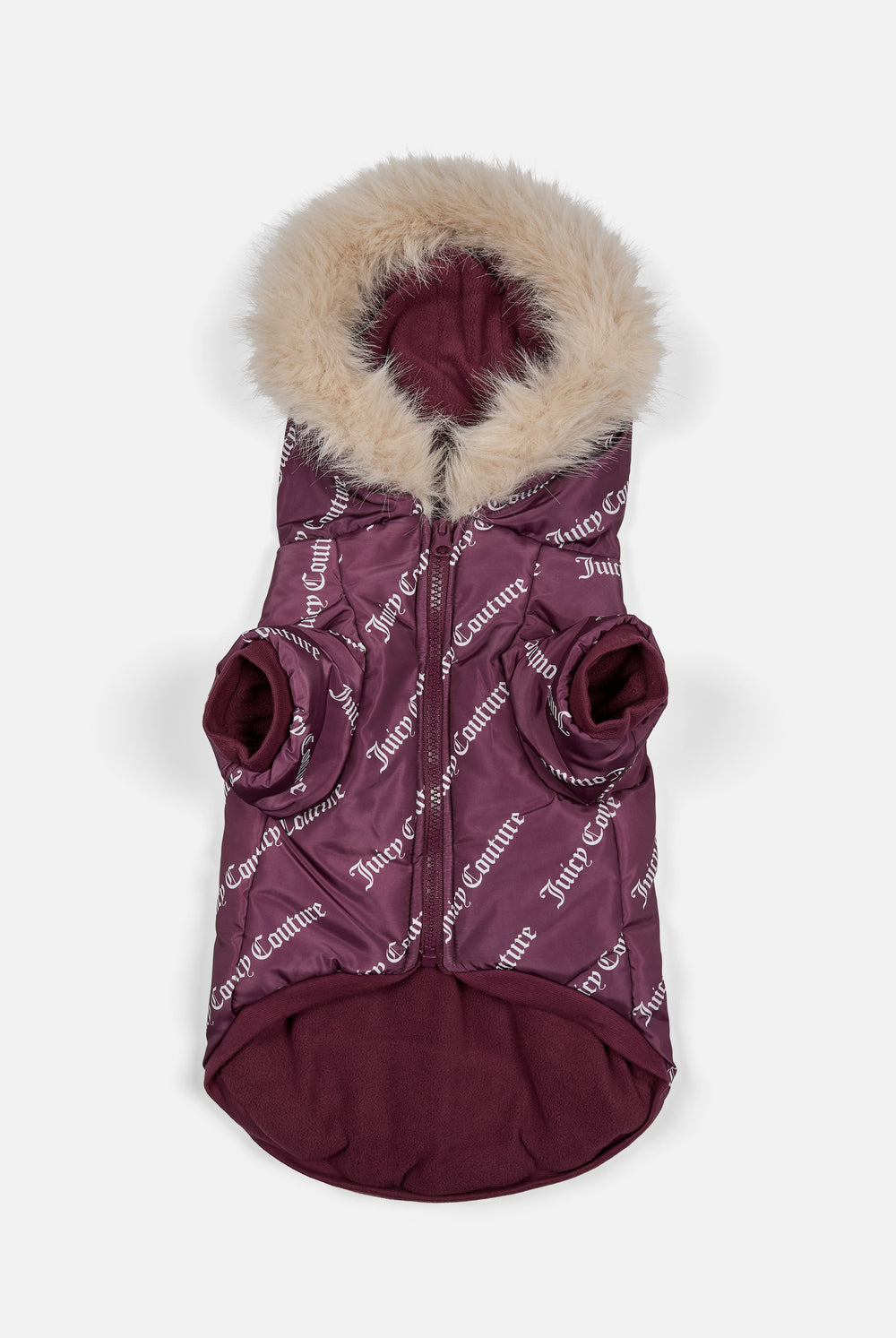 Displays the Winetasting 'juicy' branded Pet Puffer Jacket